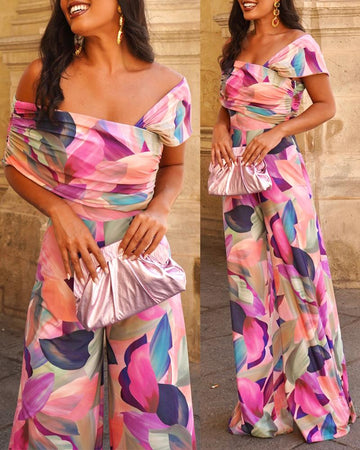 Plants Print Criss Cross Cold Shoulder Ruched Jumpsuit Casual Waist Wide Leg Romper